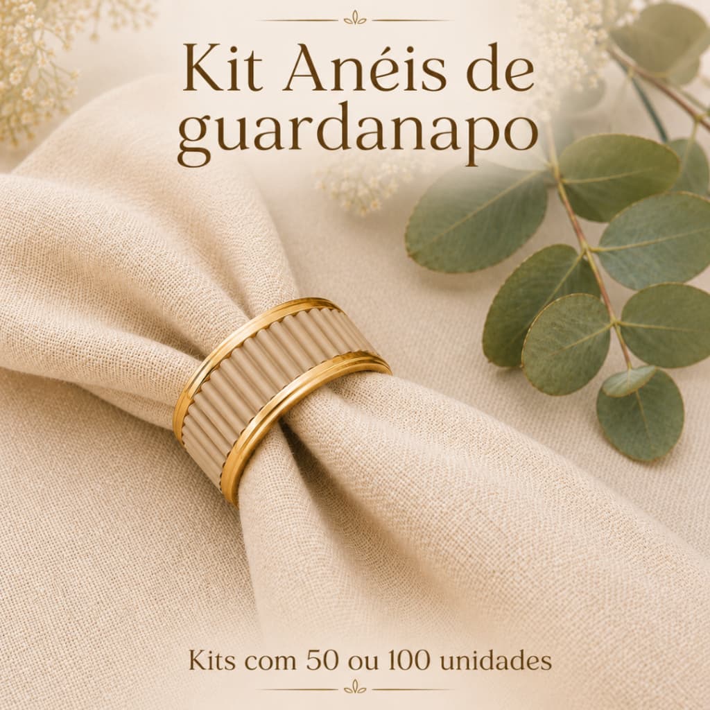 Kit Anéis Porta Guardanapo Bege e Dourado 50 ou 100 Unidades Mesa Posta Luxo Decorativo Argola