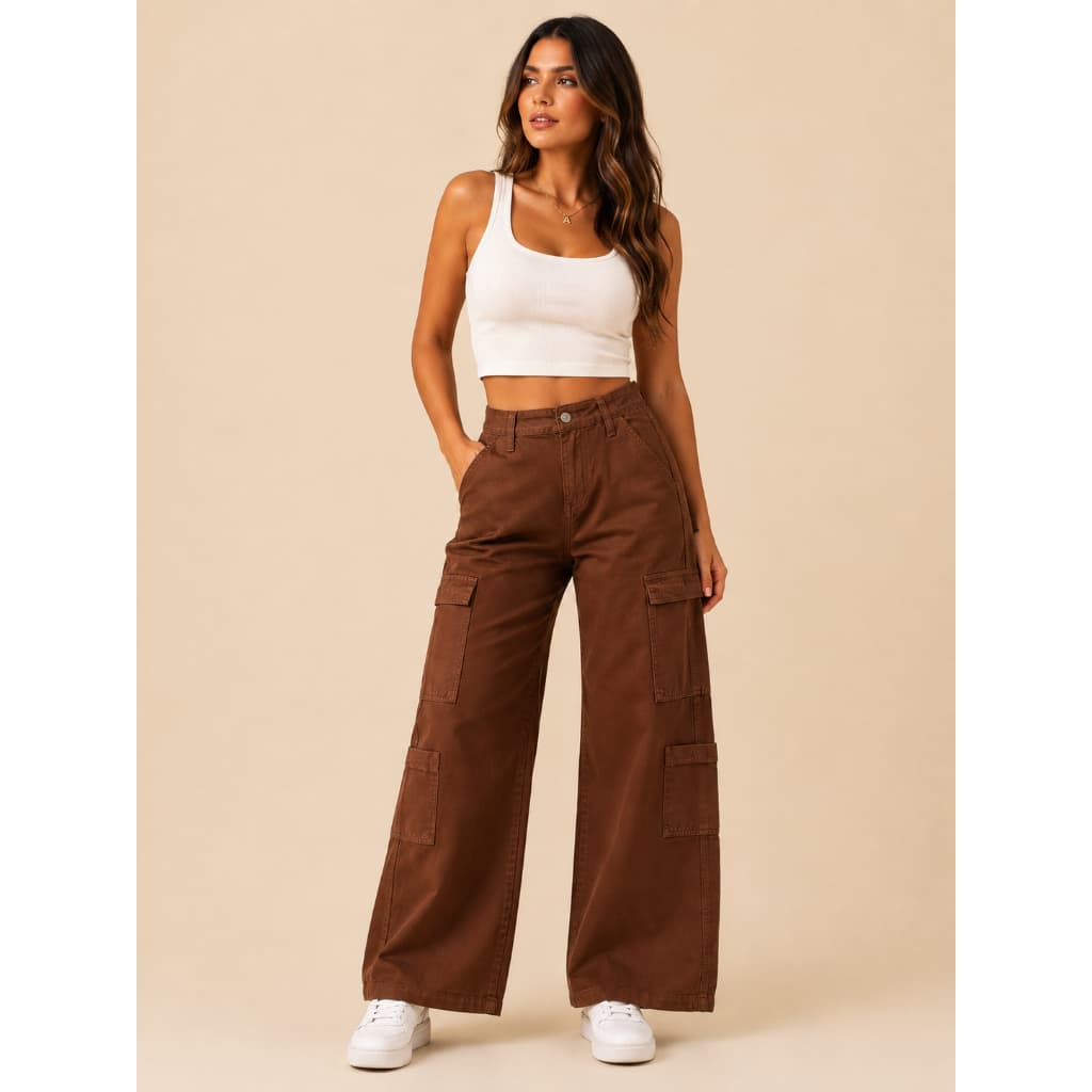 Calça Feminina Wide Leg Cargo Marrom Cintura Alta Com Bolsos Funcionais Estilosa e confortavel