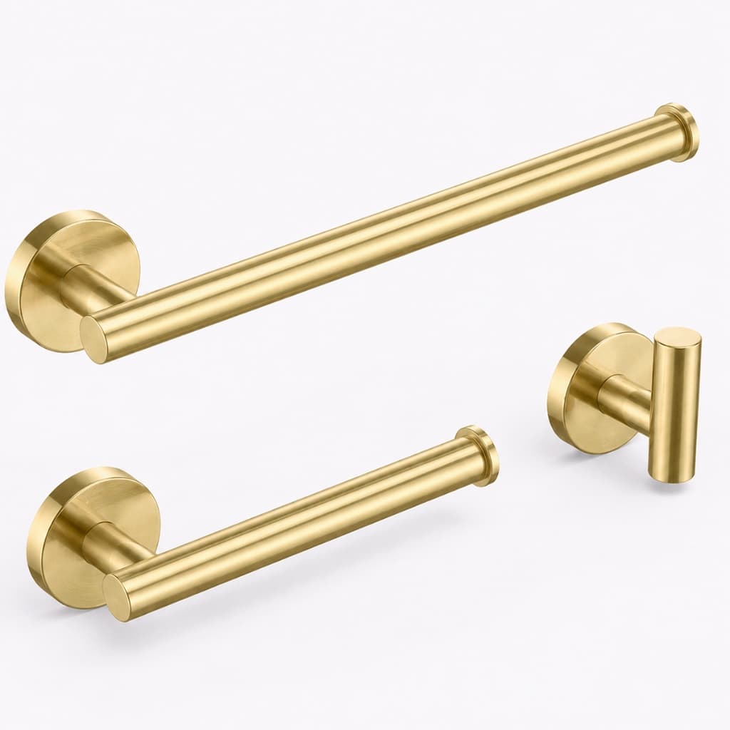 Kit Acessórios Banheiro Lavabo 3 peças Tubular Aço Inox Venice Dourado Escovado