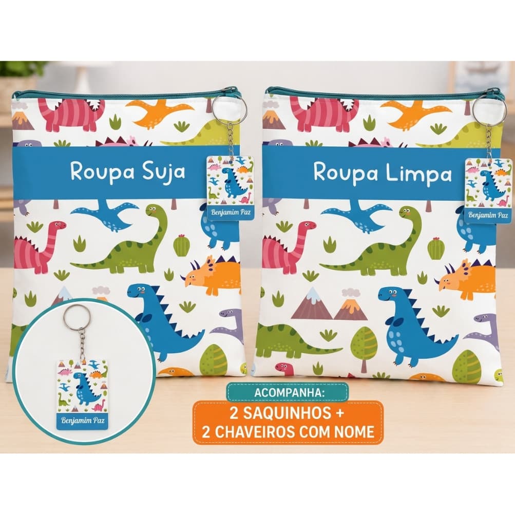 Kit 2 Saquinhos Roupa Limpa e Suja Infantil Menino + 2 Chaveiros Personalizados com Nome | Creche Escola
