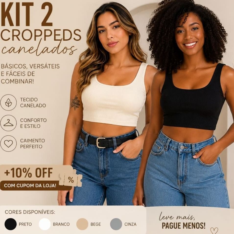 Kit 2 Cropped Top Canelado Feminino Ribana Blusa Básica Casual