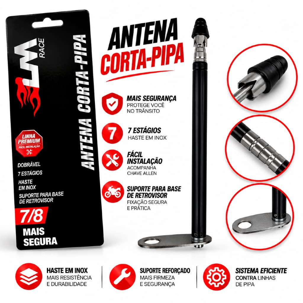 Antena Corta Pipa para Retrovisor Moto Retrátil com 7 estágios Anti Cerol Haste Inox Preto
