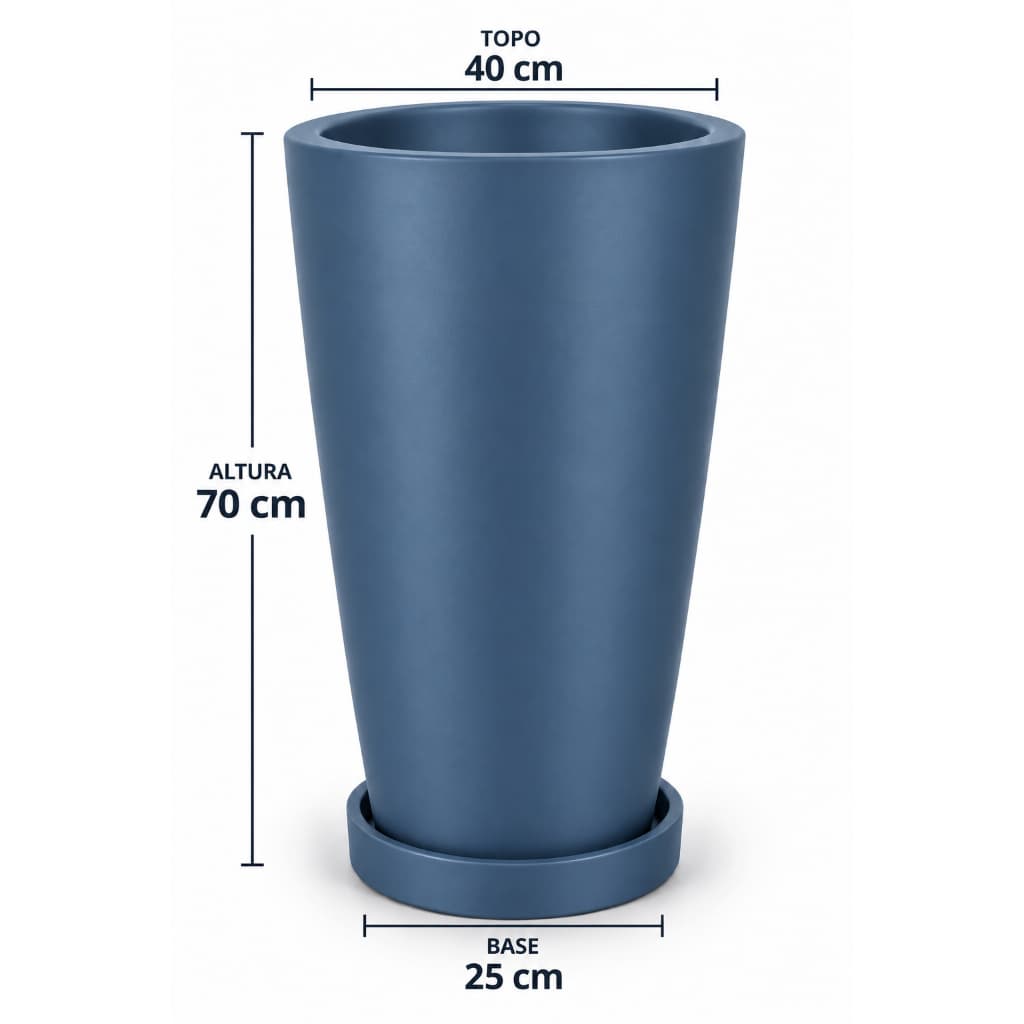 Vaso Luxo grande para planta, Coluna Cone Bojo Liso nº3 com prato coletor 70x40 cm