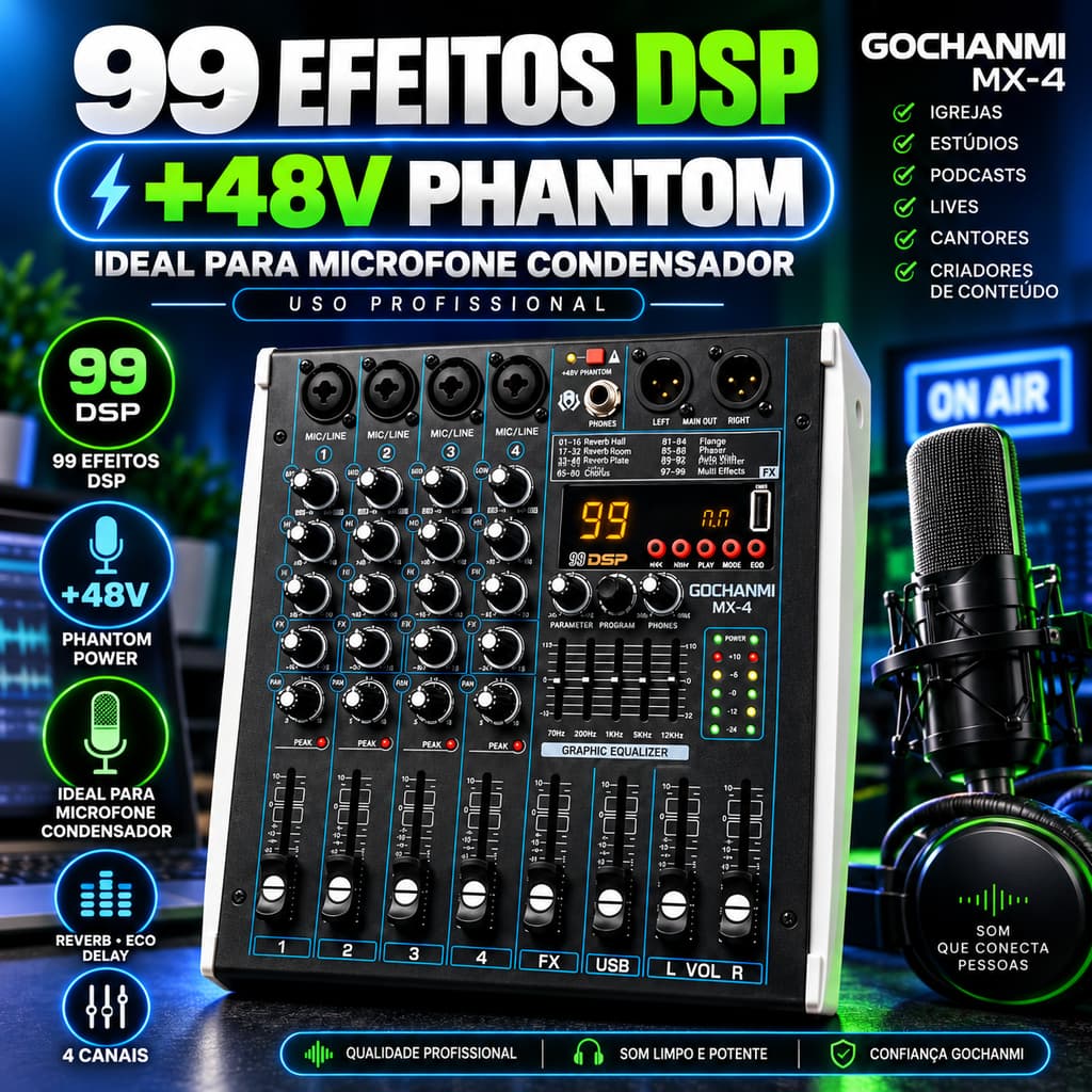 Mesa de Som MX-4 4 Canais 99 Efeitos DSP Phantom 48V Bluetooth USB para Microfone Condensador