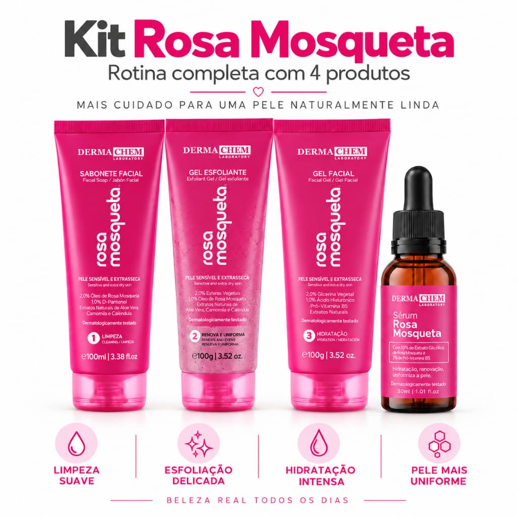 Kit Skincare Rosa Mosqueta Dermachem com 4 Produtos | Sabonete, Esfoliante, Gel Facial e Sérum