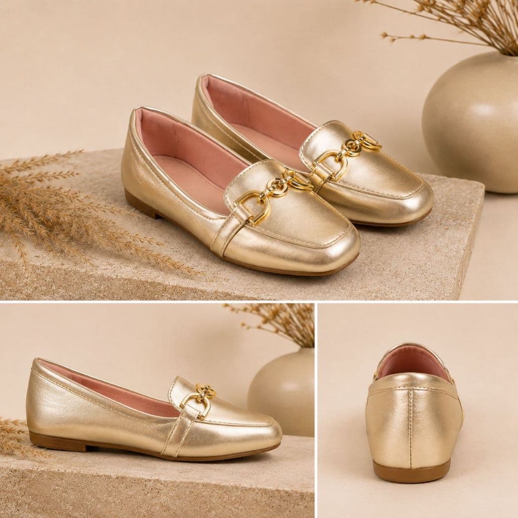 Sapatilha Feminina Mocassim Bico Quadrado Corrente Confort Casual Metalizado Ouro Light DEBB STORE JAU