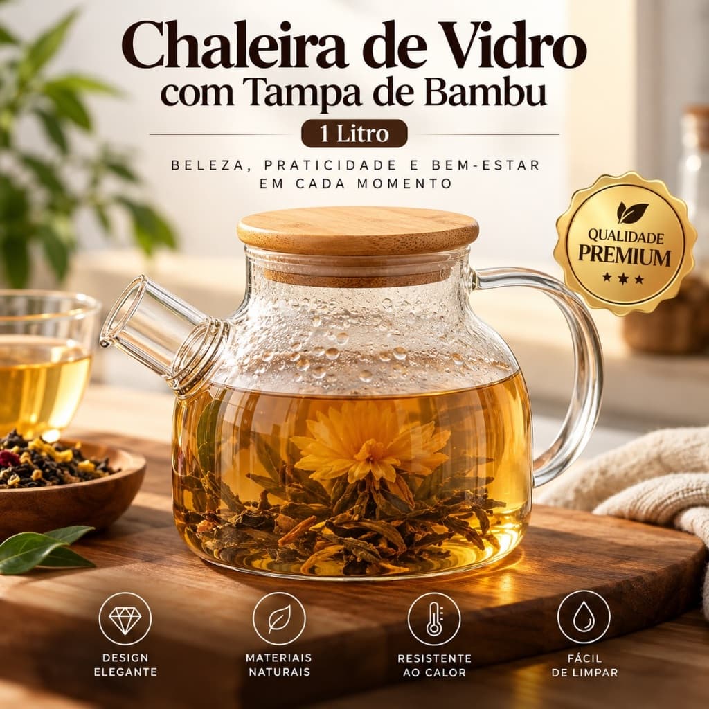 Chaleira de Vidro Transparente com Tampa de Bambu 1 Litro