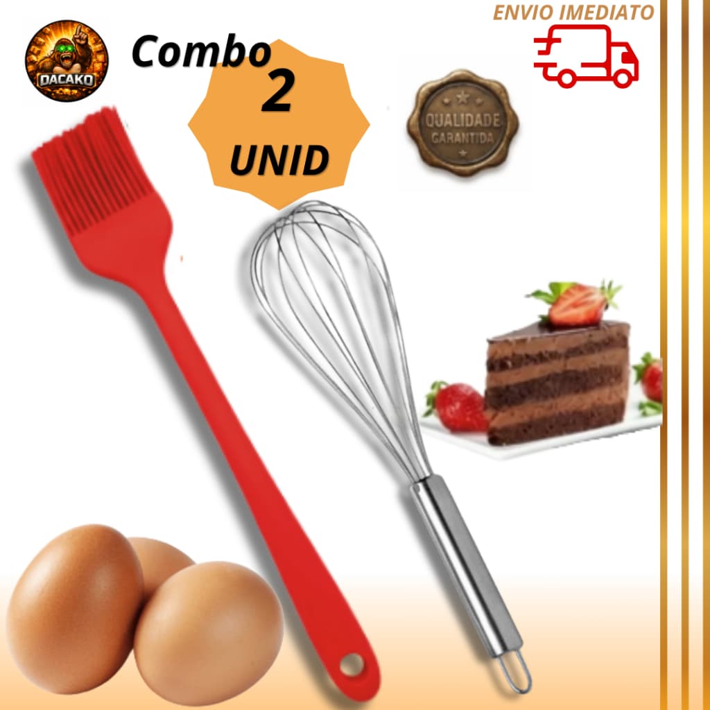 Combo Pincel Silicone Culinário e Batedor de Clara Fue Inox Cozinha Confeitaria Churrasco
