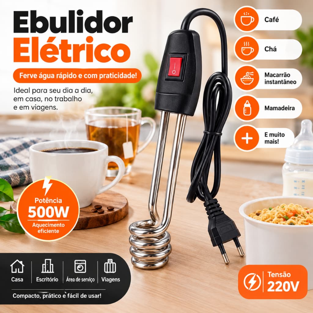 ⚡PROMOÇÃO! Ebulidor Elétrico Chaleira Rápida 500W Aquecedor Água 220V - Café Chá Macarrão Mamadeira 🔥