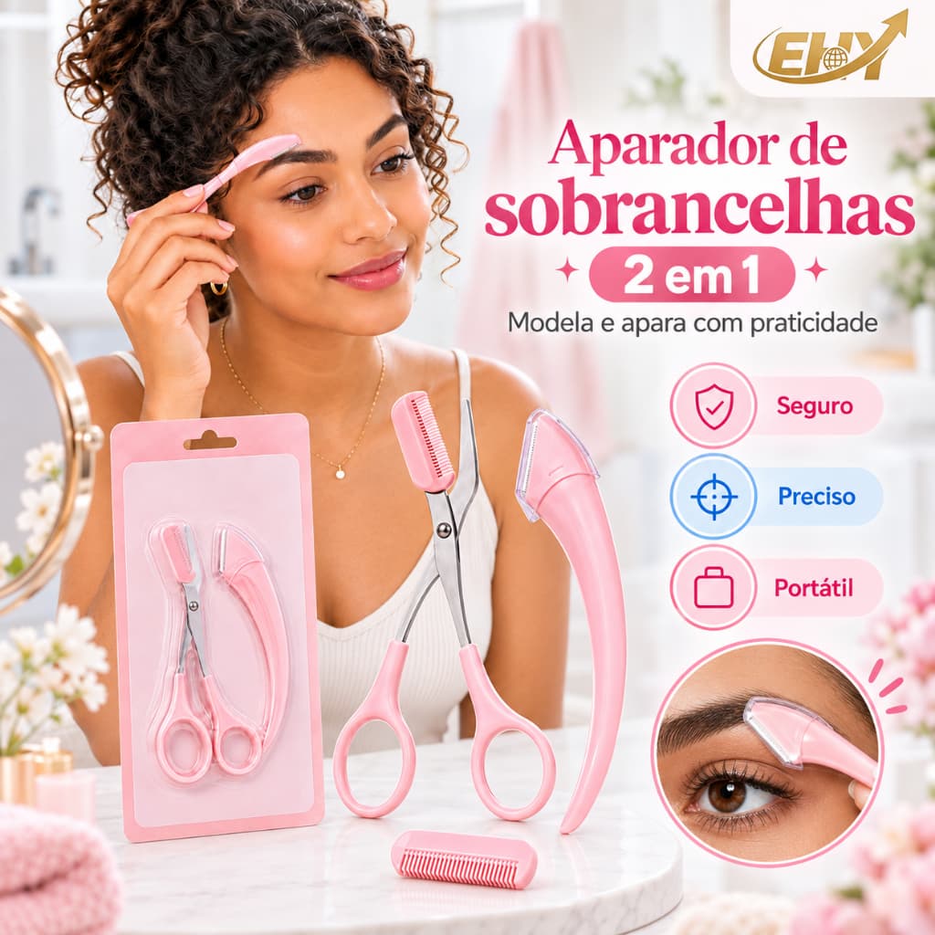 Kit 2 Peças Aparador de Sobrancelhas Navalha e Tesoura com Pente para Depilação Facial