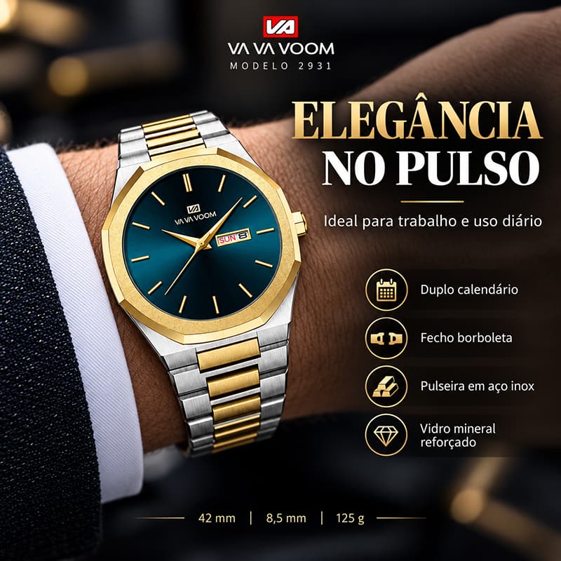 Relógio Masculino VAVAVOOM Quartzo Aço Inox Duplo Calendário 42mm Elegante Social Casual