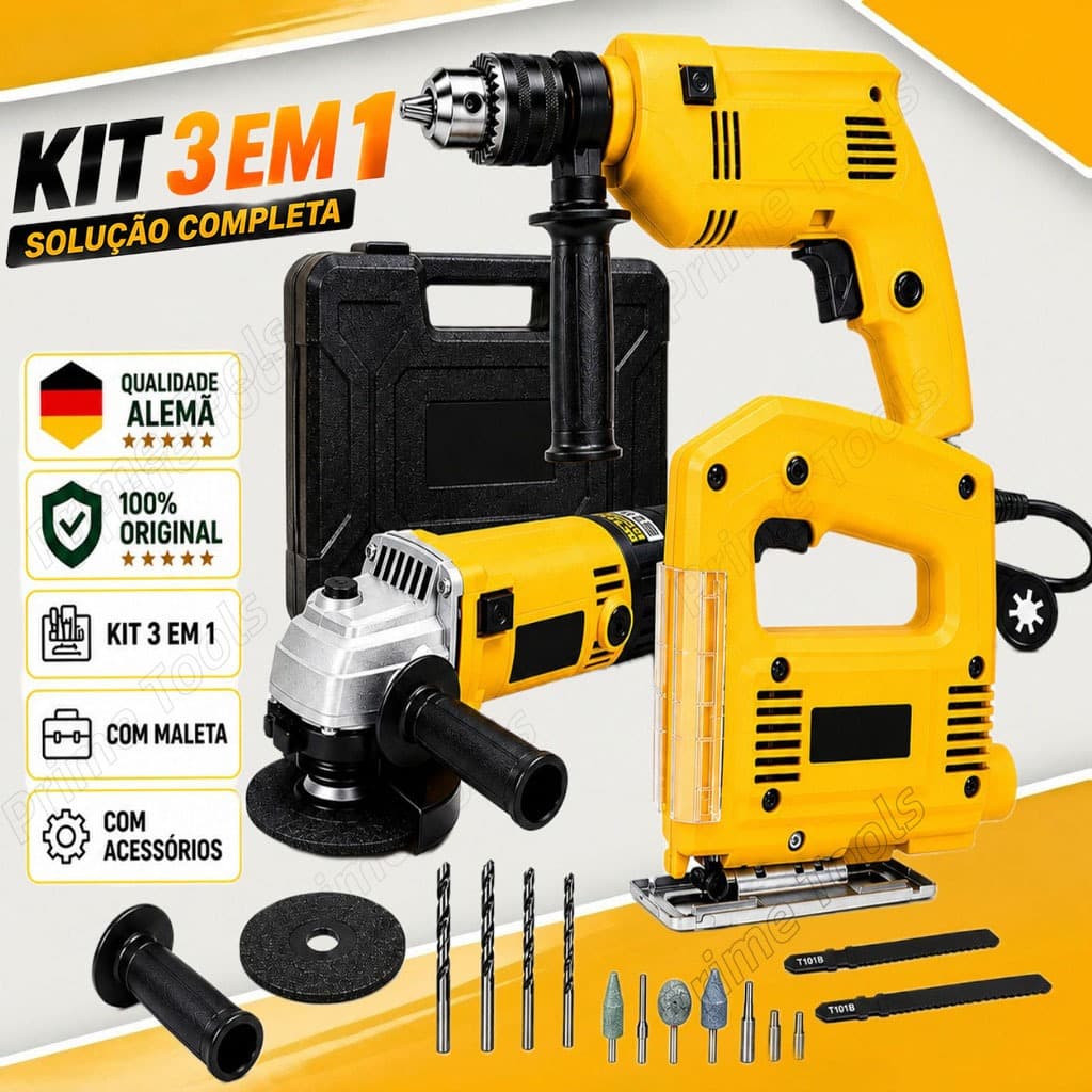 Kit 3 em 1 Furadeira de Impacto 1100W + Esmerilhadeira Angular 1200W + Serra Tico-Tico 950W com Maleta