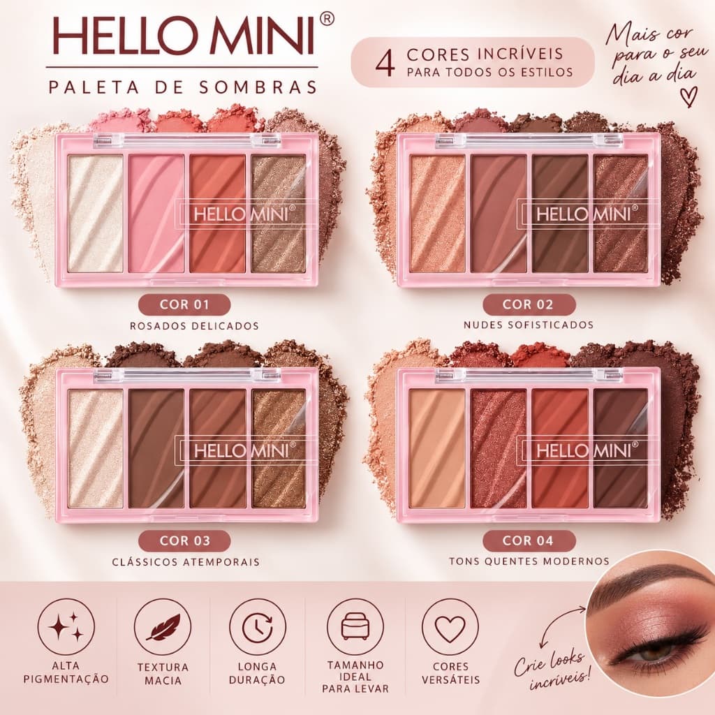 Hello Mini 4 Cores Paleta de sombra nude tons quente frio glitter