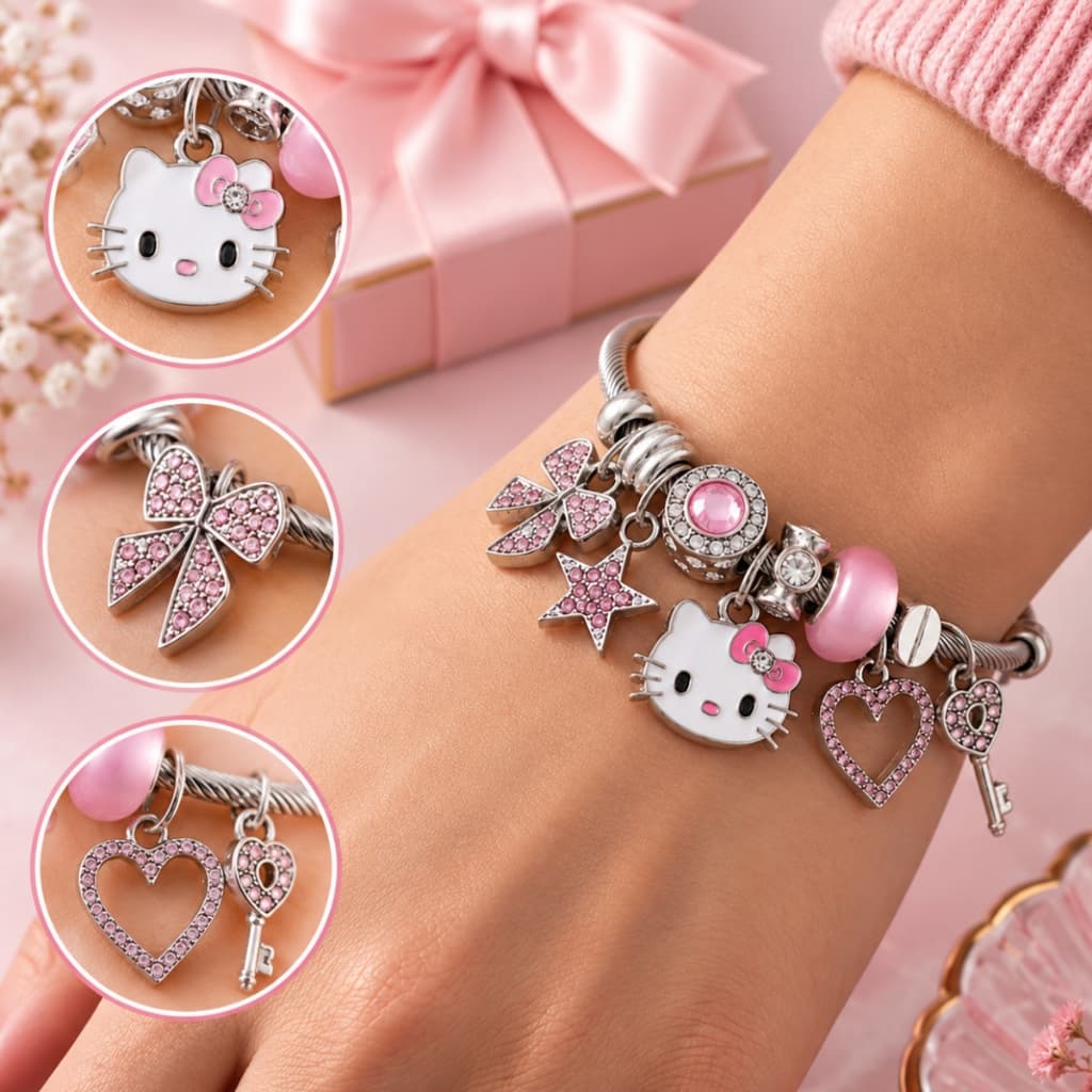 Pulseira Bracelete De Aço Inoxidavel Hello Kitty Charms Versateis Desenhos Animado Prata Ajustavel