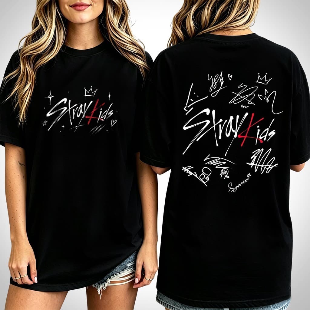Camiseta Kpop Stray Kids Assinaturas na Costa Camiseta Feminina Oversized 100% Algodão Macio Moda Casual