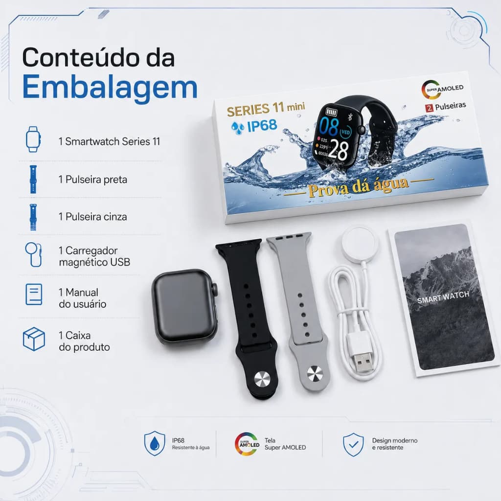 Smartwatch S11 Mini Amoled Chamada Bluetooth 2 Pulseiras Whatsapp Gps 2026  SMARTWATCH ADVANCED PRO