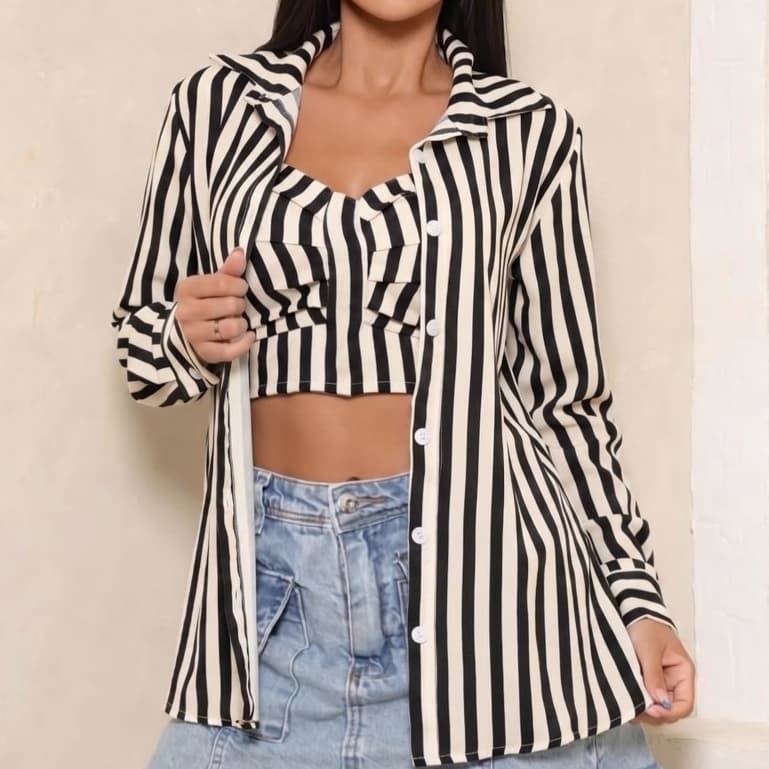 Conjunto Feminino Camisa Listrada Oversized + Cropped Top Alfaiataria — Camisão 2 Peças Várias Cores