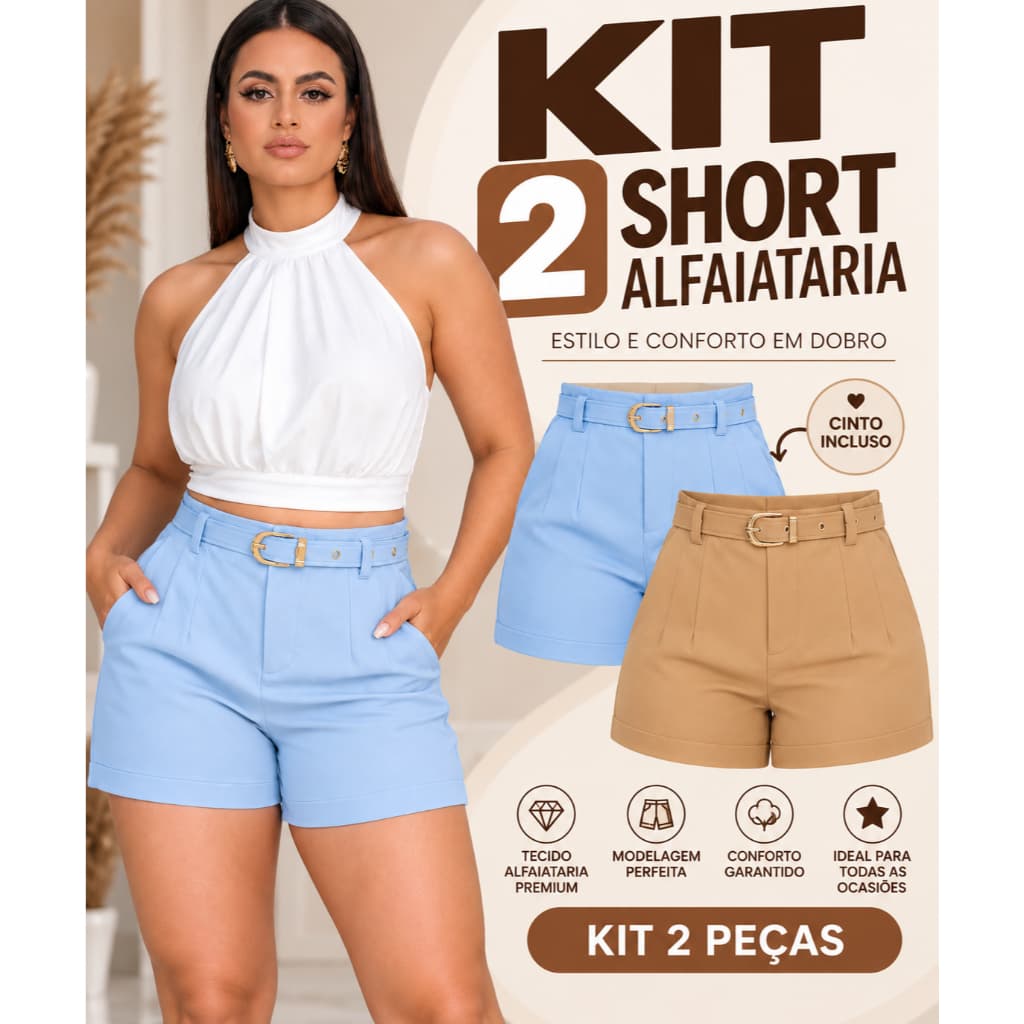 KIT2 Short Alfaiataria Feminino Com Cinto E Fivela Dourada Com Cintura Alta E Bolsos Laterais