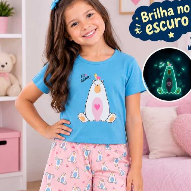 Conjunto pijama infantil verão menina tema Ursos e Panda tamanho 1 ao 8 shorts + blusa manga curta confortavel