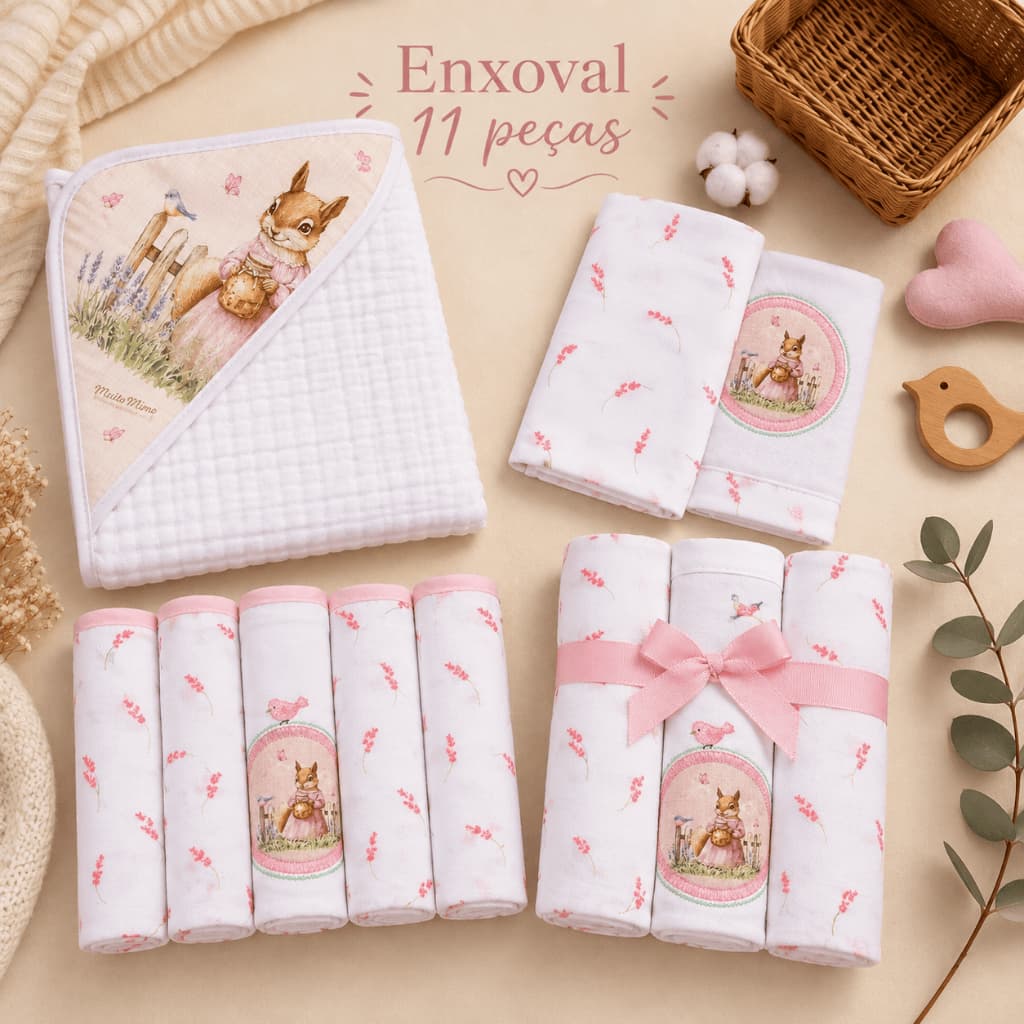 Kit Enxoval Bebê 11 Peças Luxo Toalha Capuz + Cueiros Flanelados + Fraldas + Paninhos Boca 100% Algodão