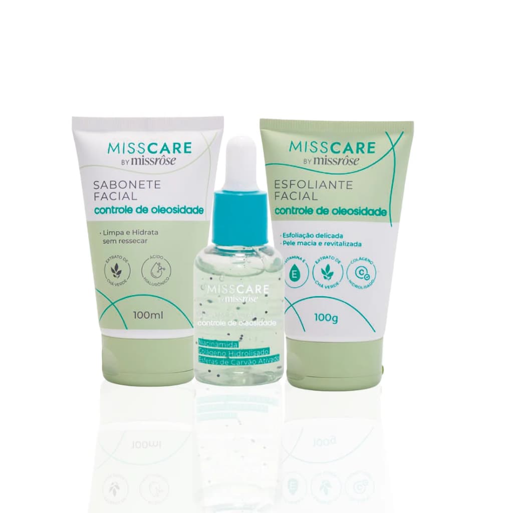 Kit Skincare Facial Miss Rose Sabonete Esfoliante Serum Vitamina C Controle Oleosidade Revitalizador