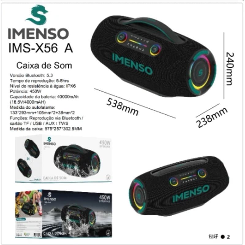 Caixa de Som Bluetooth IMENSO IMS X56A 450W Bluetooth
