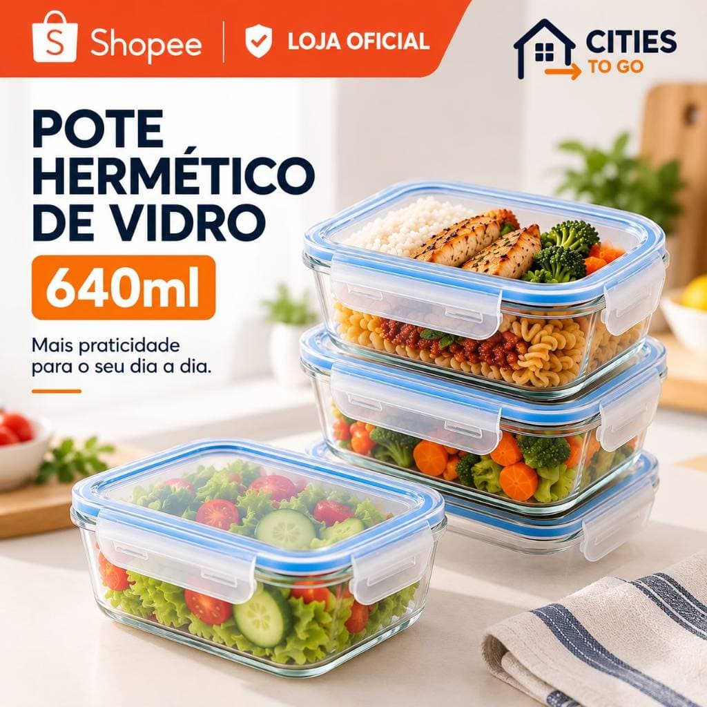 Kit Pote Hermético 640ml Vidro Tampa com 4 Travas BPA Free Micro-ondas Forno Freezer Air Fryer