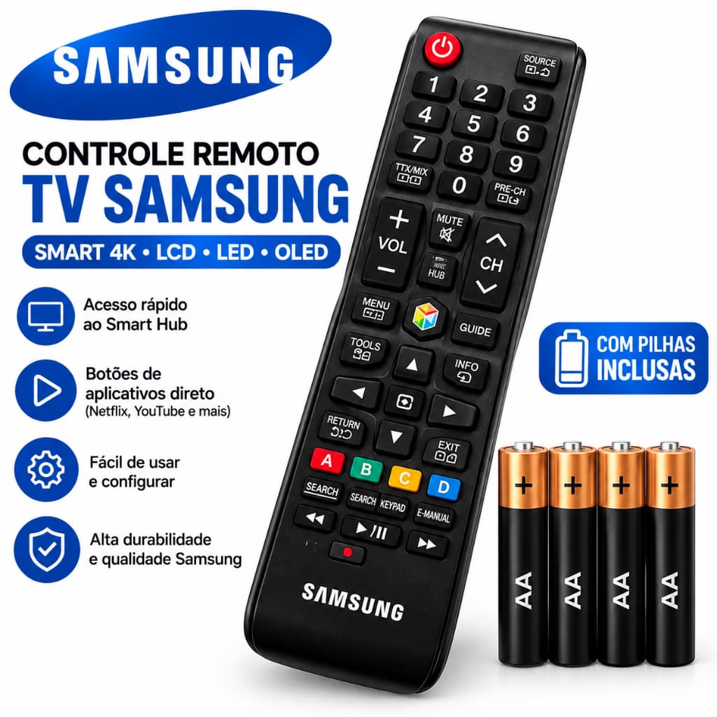 Controle Remoto para TV Samsung Smart 4K LCD LED OLED com Pilhas Smart Hub Universal Compatível