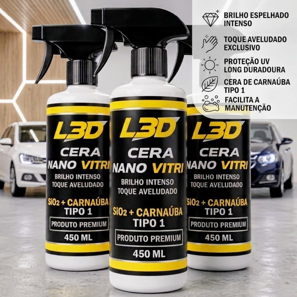 Kit 3 Ceras Automotiva Líquida L3D Brilho Espelhado Facil Aplicação + Proteção UV
