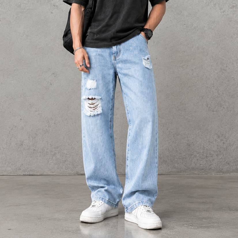 Calça Jeans Masculina Wide Leg Rasgada Algodão Elastano, Azul Claro Desgastada