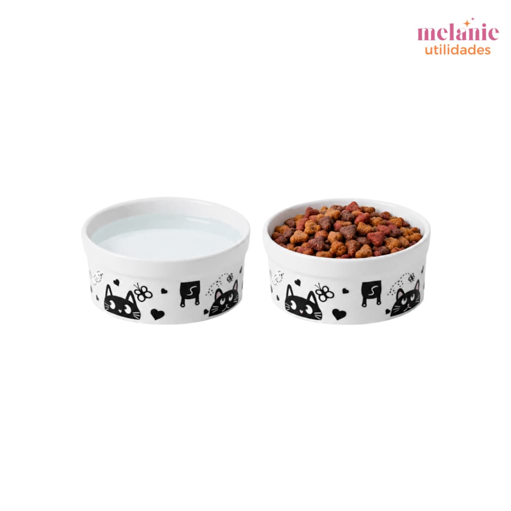 Kit 2 Comedouros para Gatos 330ml de Porcelana Decorado com Gatinhos na Borda