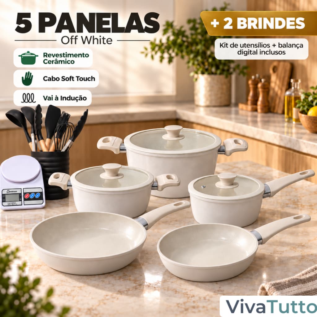 Jogo de Panelas com 5 Peças Off White Revestimento Cerâmico Antiaderente Tampa Borda de Silicone + Brindes 8 Utensilios