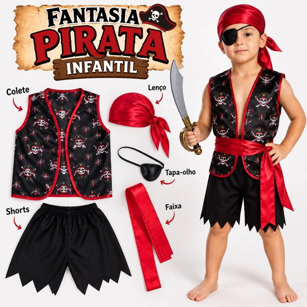 Fantasia Pirata Infantil Menino Completa Colete Shorts Bandana Faixa Tapa-Olho Festa Carnaval Halloween Cosplay