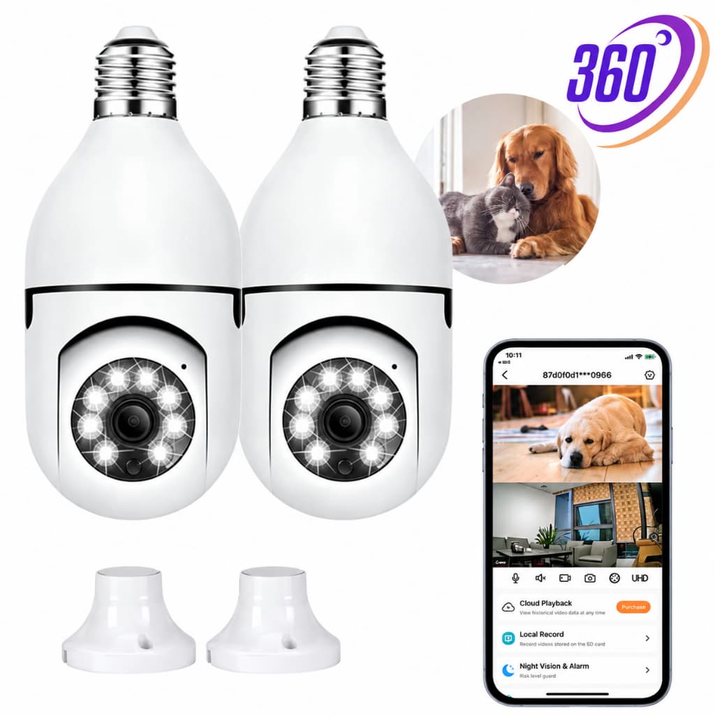 Câmera Lâmpada E27 WiFi 360° PTZ 1080P HD Câmera de Segurança Visão Noturna Detecção de Movimento Áudio Duas Vias