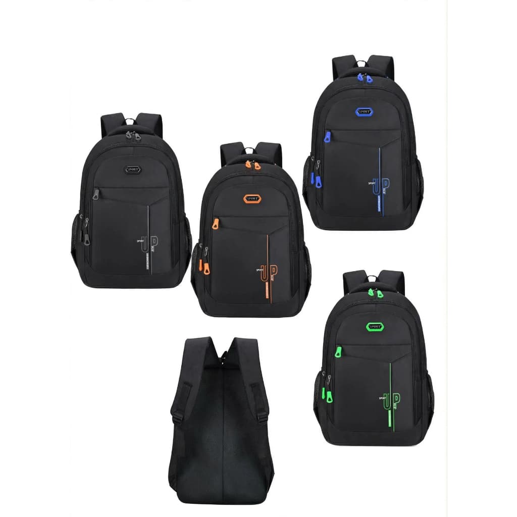 Mochila Escolar e Esportiva Unissex Preta com Detalhes Verde Limão, Inscrição "SPORT UP" e Múltiplos Compartimentos