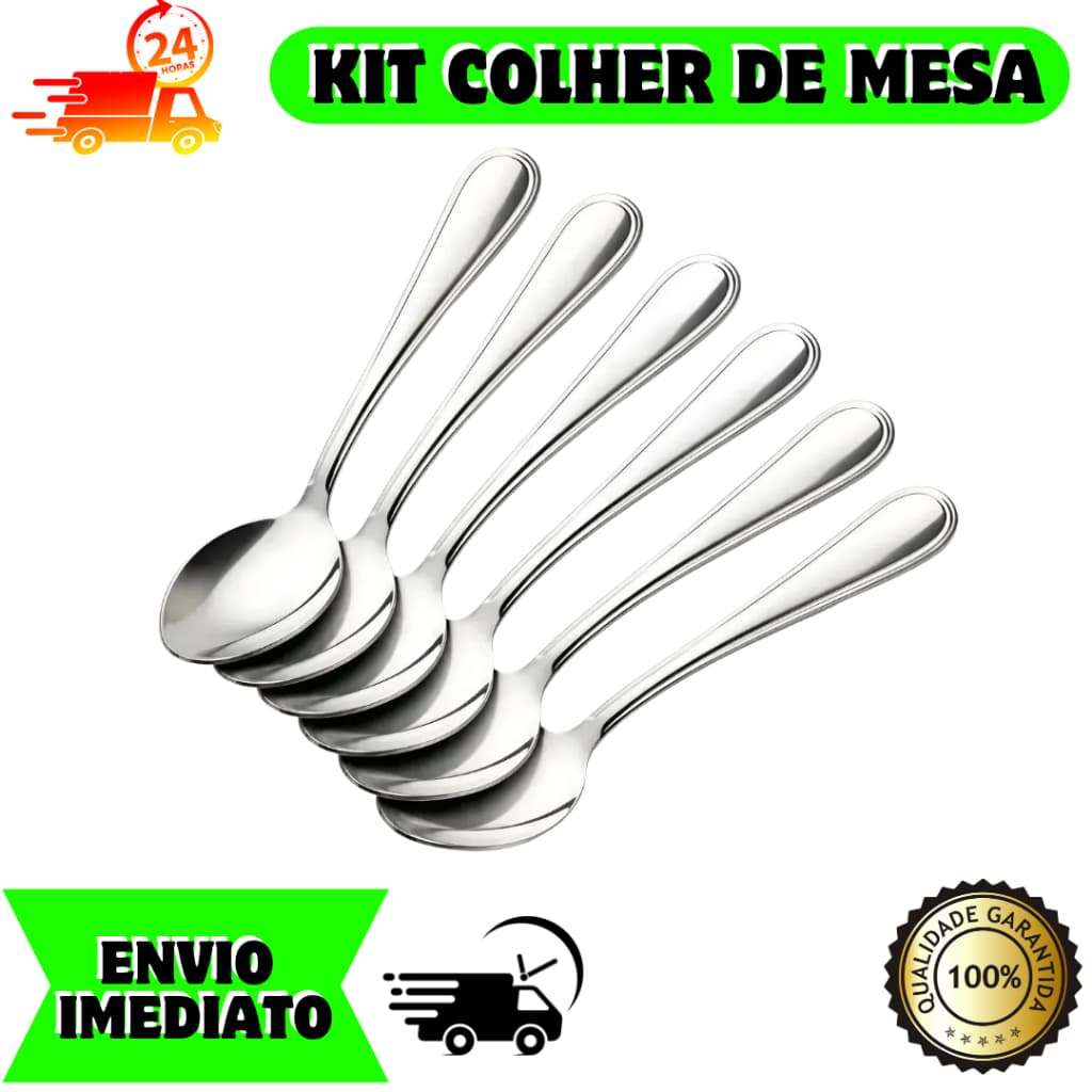 Jogo Colher de mesa sopa Kit com 6, 12, 18 e 24 peças em aço inox talher