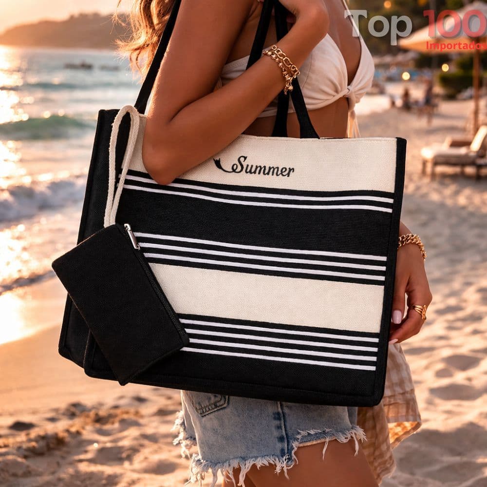 Bolsa de Praia com Nécessaire Listrada Praia Moda Verão / KD-21