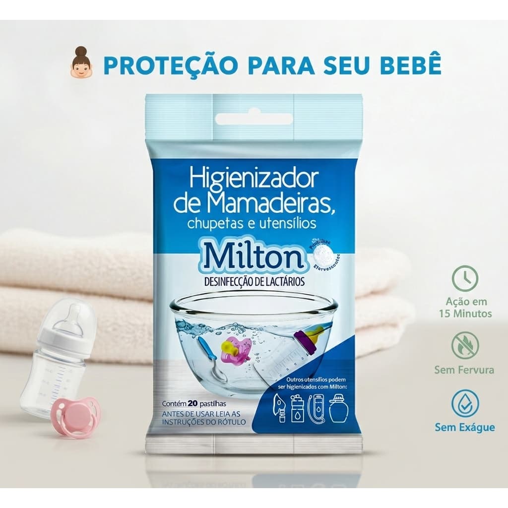 Pastilhas 20un. Higienizadoras p/Limpar  Utensílios de Bebê - Milton