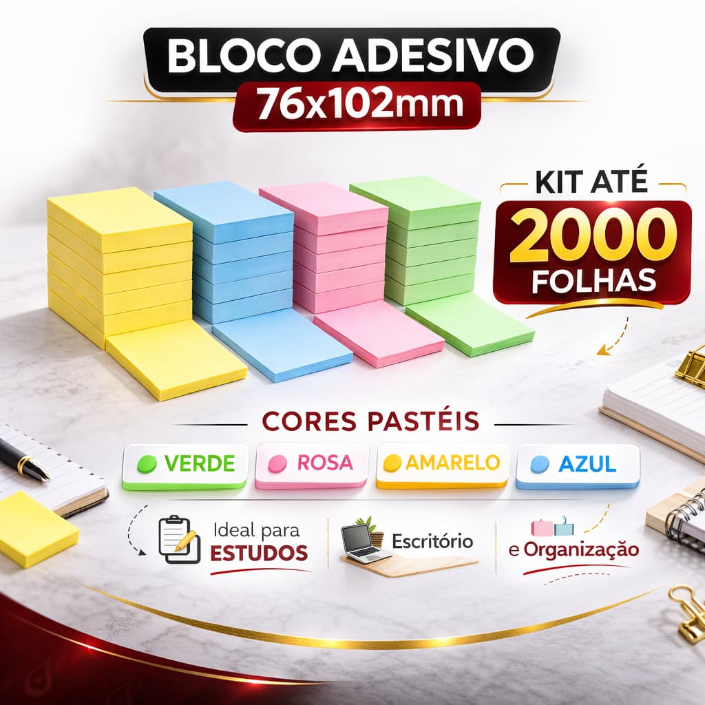 KITS 400, 800, 1200, 1600 e 2000 FOLHAS BLOCO ADESIVO POST COR PASTEL ANOTAÇÃO 76X102mm