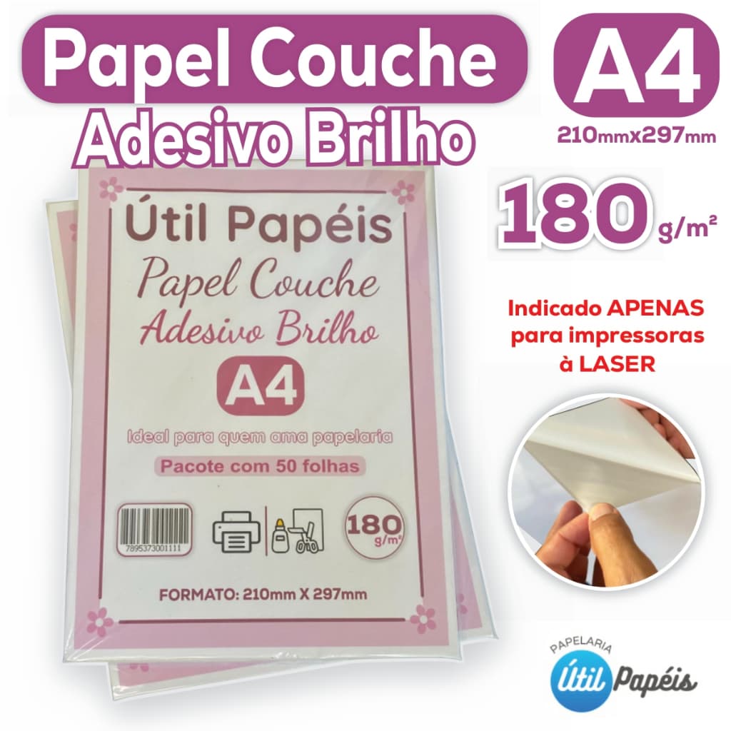 Papel Couchê Adesivo 180g A4 Pacote com 50 folhas Brilhante p/ Laser Etiquetas, Adesivos, Embalagens