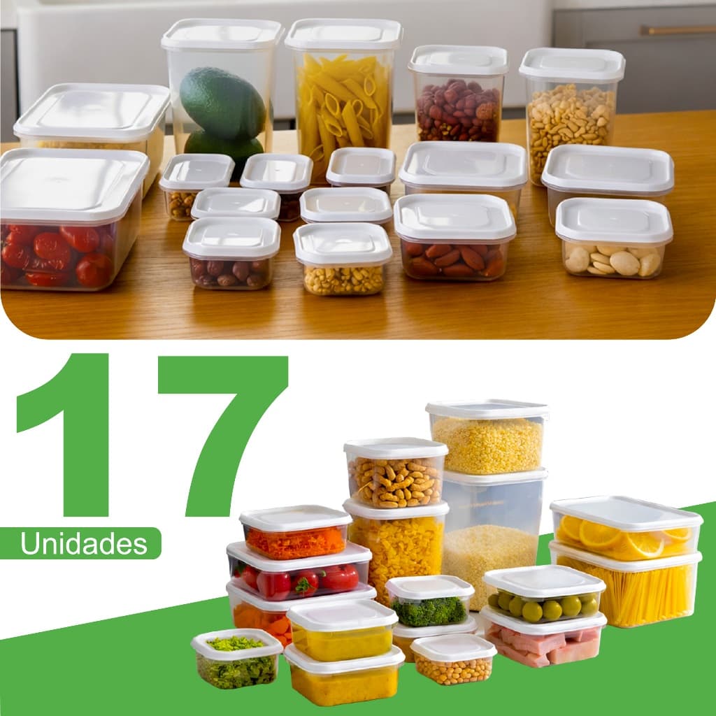 Kit 17 Potes De Plástico Transparente Tamanhos Variados Para Geladeira E Armazenamento De Alimentos