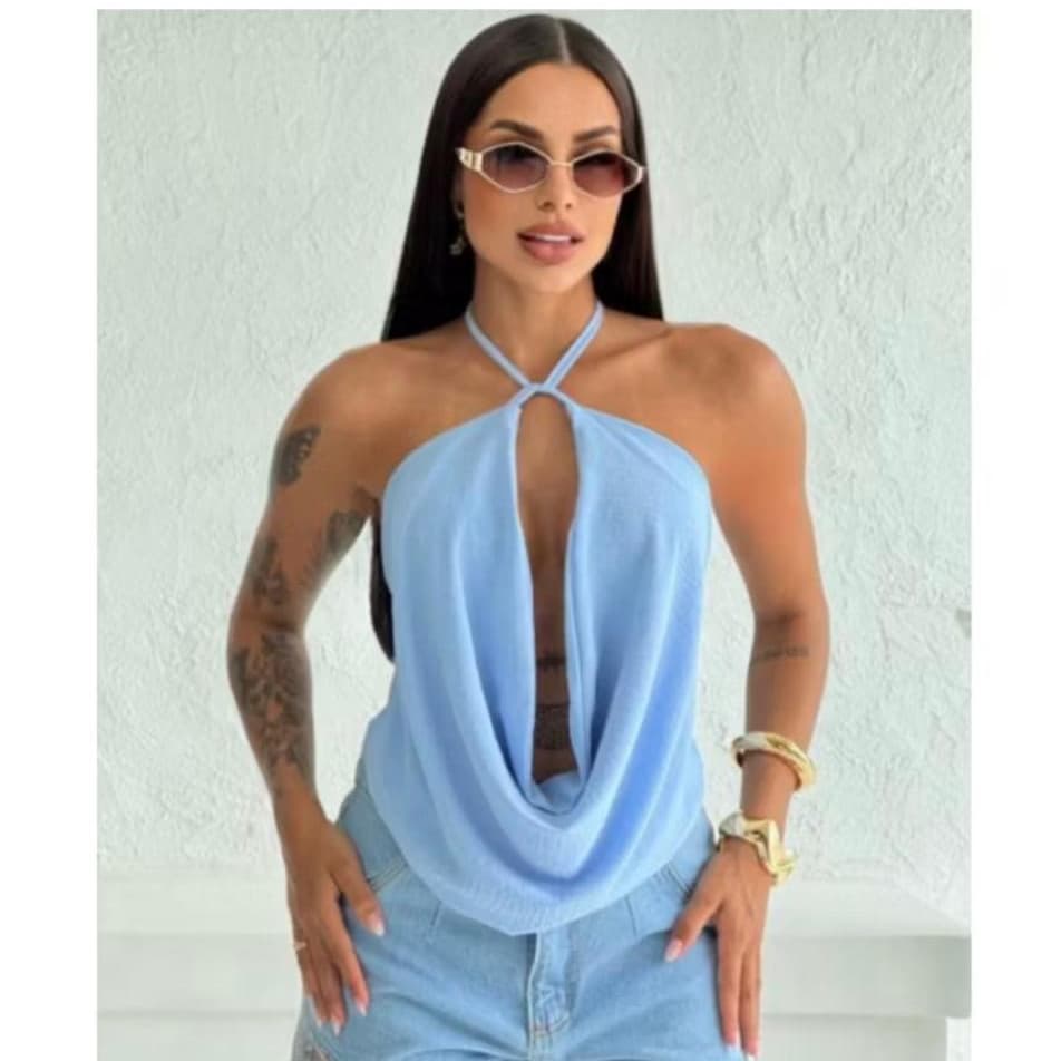 Blusinha Cropped Feminina Gola Boba Frente Única Alça Multiforma Decote Elegante Moda Verão 2025.