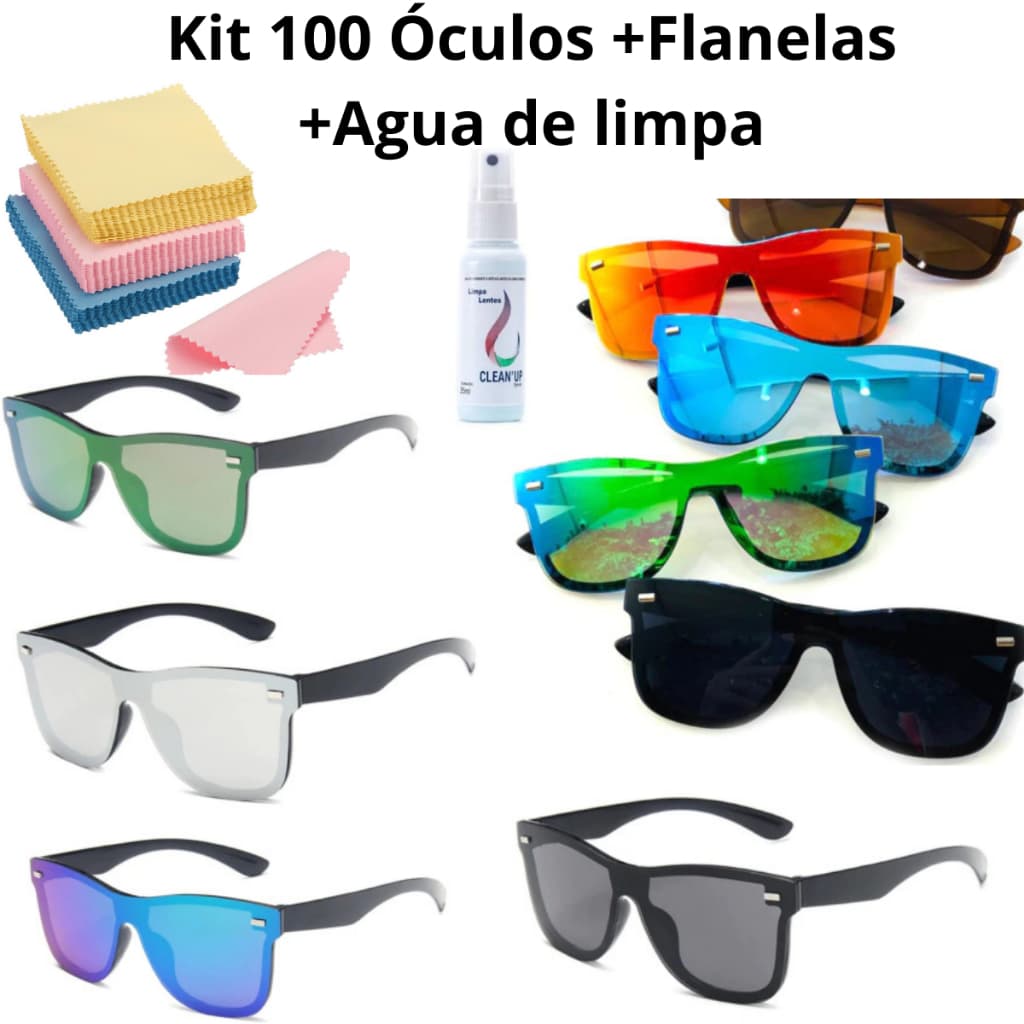 Kit 100 UN+ Flanelas+ agua de limpa Óculos de Sol Fashion Unissex – Ideal para Revenda