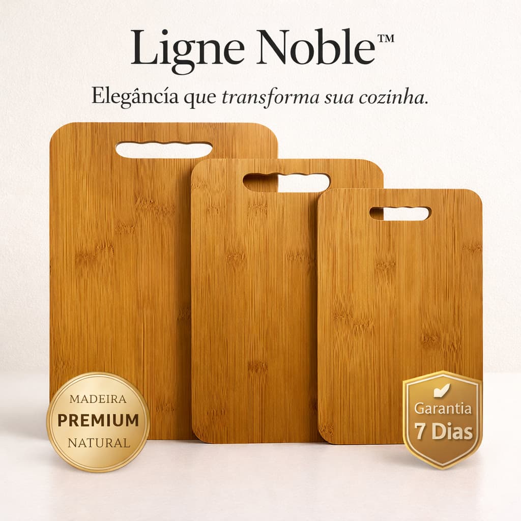 Kit 3 Tábuas de Corte em Madeira Natural Premium  – Conjunto Resistente para Carnes, Legumes e Pães Ligne Noble