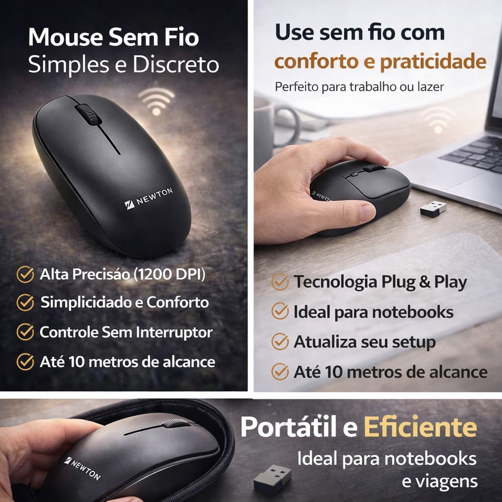 Mouse Sem Fio Simples e Discreto Conectividade Rápida e Estável Via Receptor USB