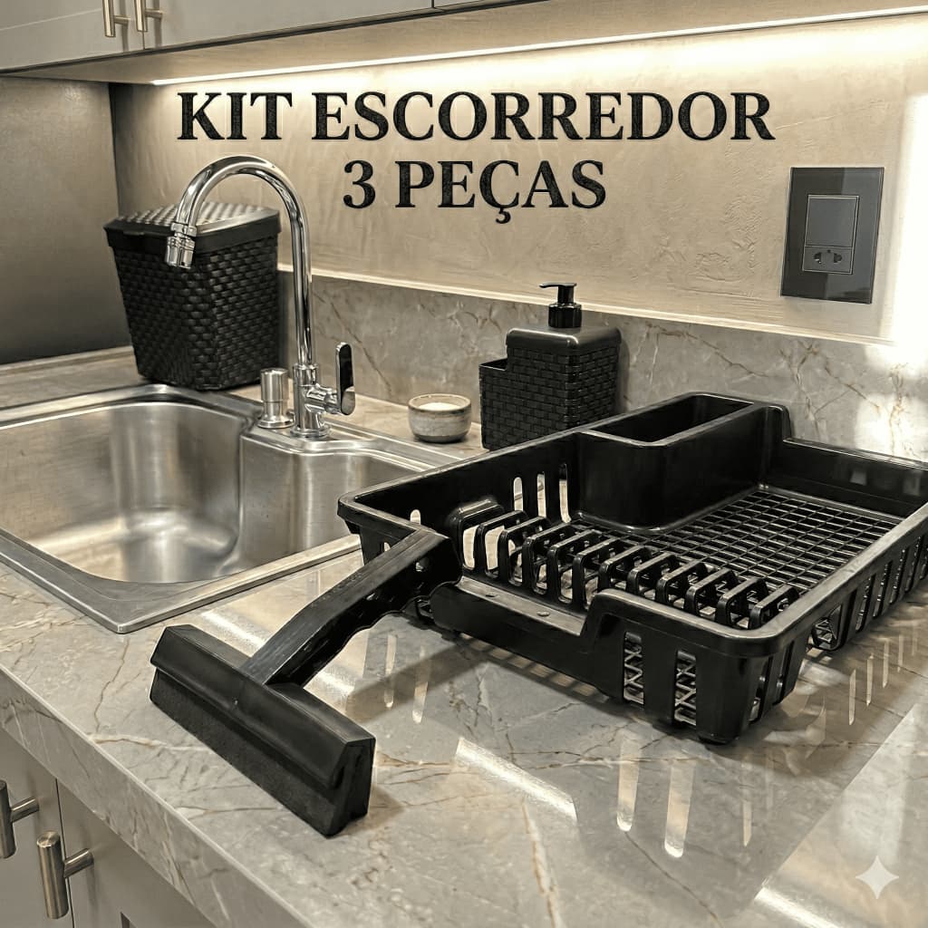 Kit Escorredor de Louças Pratos + Porta Detergente + Rodinho Rodo de Pia para Cozinha Preto