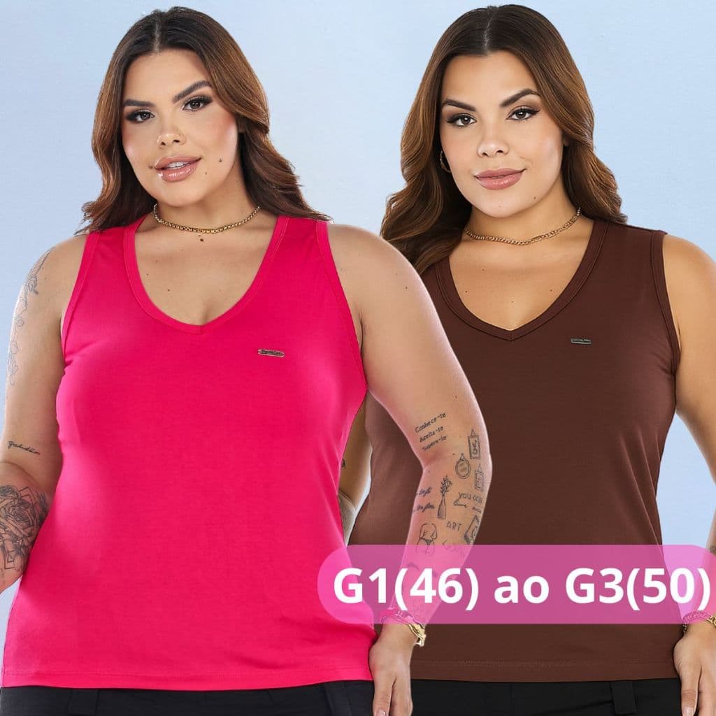 Kit 2 Regatão Plus Size Feminina G1 ao G3 Viscolycra Gola V Confortável Básica  Roupa Moda Verão Regata para Academia