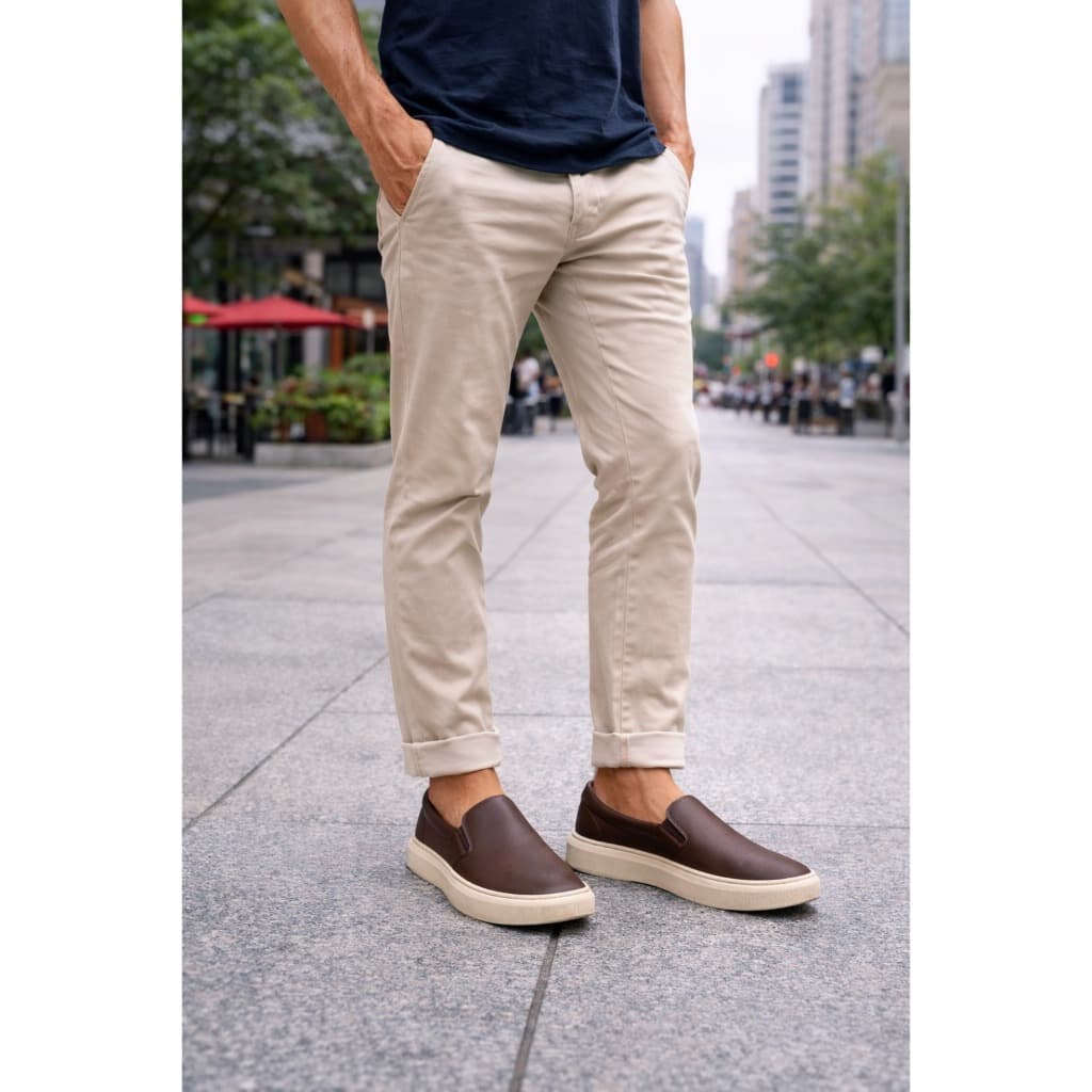Tênis Iate On Masculino Marrom Casual Confortável Leve Sem Cadarço Antiderrapante Moda Masculina Couro Sintético