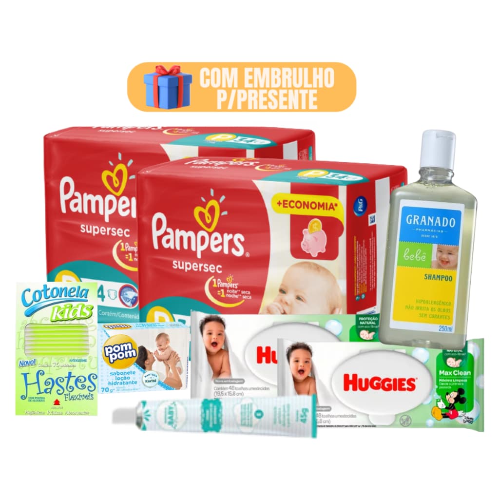 Kit Higiene e Cuidados Bebê Fraldas Pampers , Lenços umedecidos Pomada Assadura Shampoo