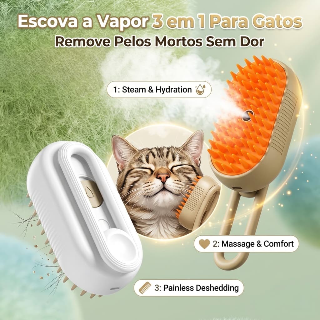 Escova a Vapor 3 em 1 Para Gatos – Remove Pelos Mortos com Suavidade e Conforto